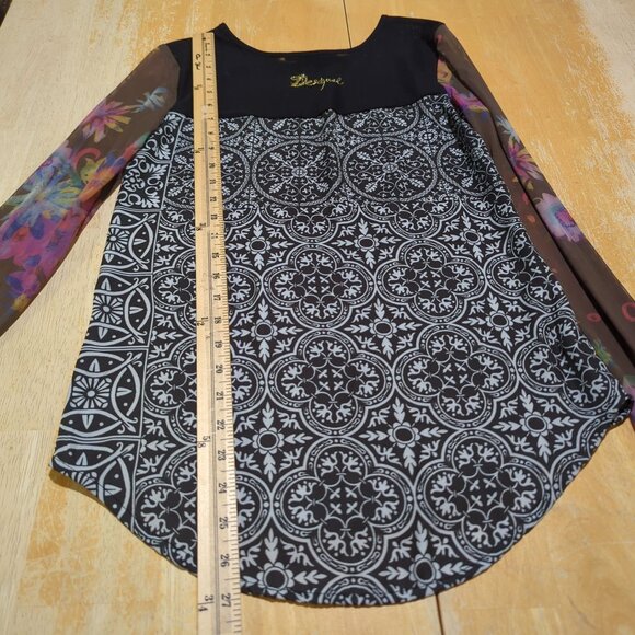 Desigual Women's Long Sleeve Geometric Print Tunic Top With Sheer Floral Sleeves - Picture 12 of 12